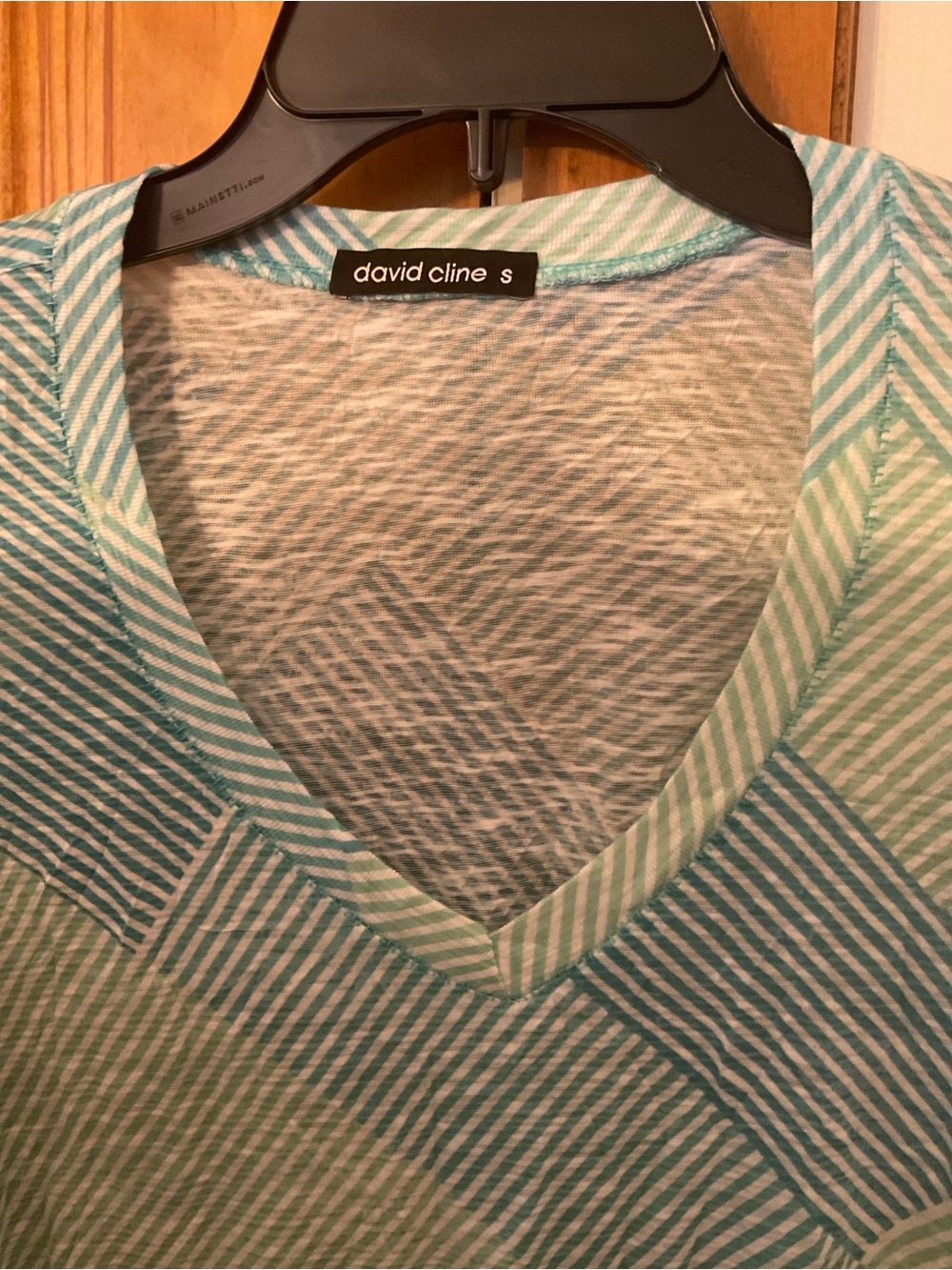 David Cline Teal & White Striped V-Neck Shirt